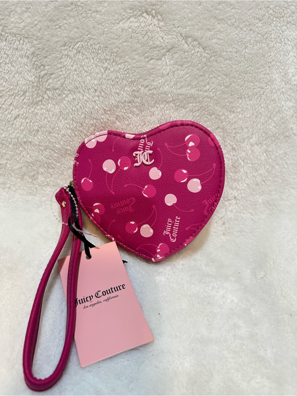 🍒💕NEW Y2K Juicy Couture Fuchsia Cherry Print heart shaped wristlet